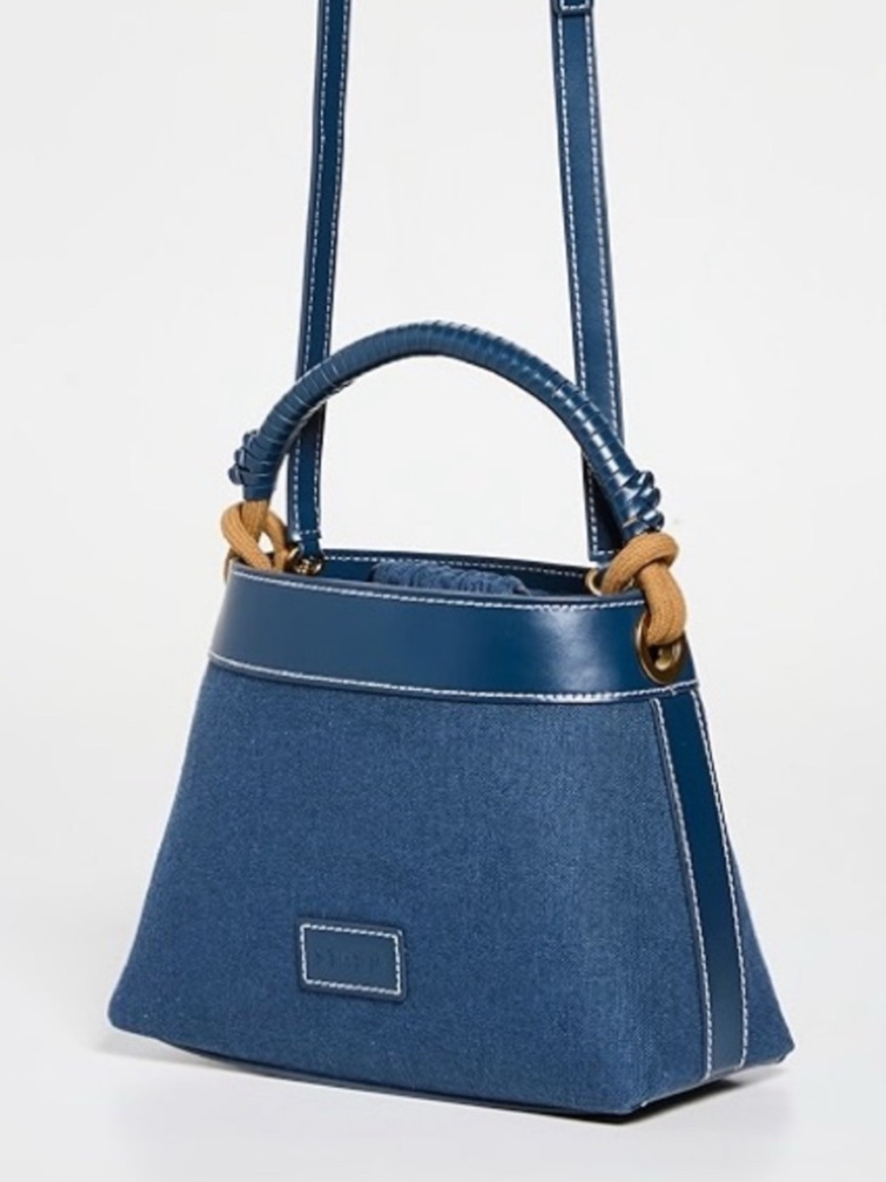 STAUD Blue Denim Mini Bag with Tan Rope Accents